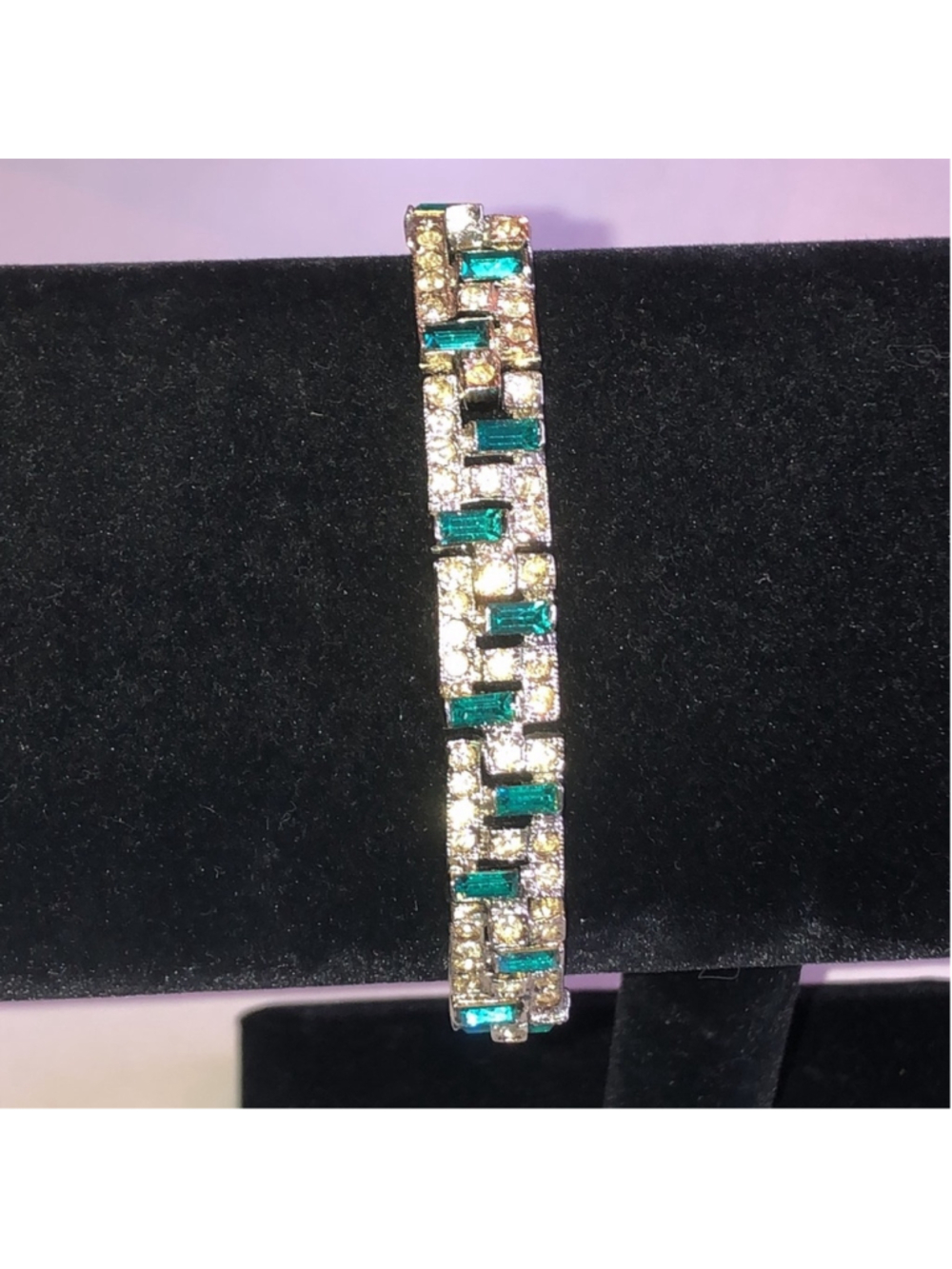 Vintage Silver Tone Green Rhinestone Boho Bracelet - Picture 3 of 8